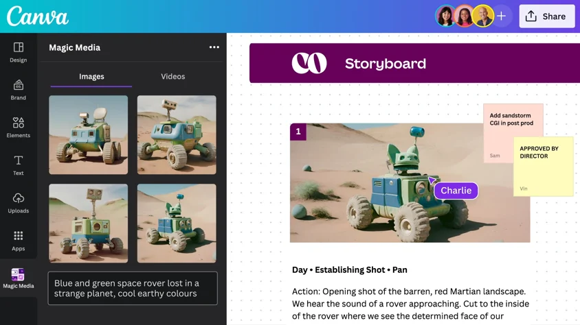 Canva interface using AI-generated images in a storyboard project, showcasing Magic Media tool for visual content creation.